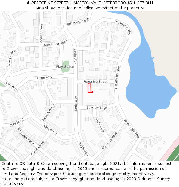 4, PEREGRINE STREET, HAMPTON VALE, PETERBOROUGH, PE7 8LH: Location map and indicative extent of plot