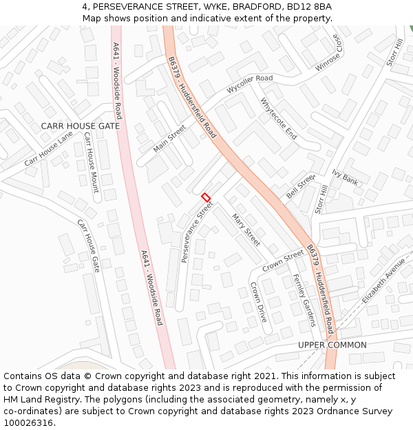 4, PERSEVERANCE STREET, WYKE, BRADFORD, BD12 8BA: Location map and indicative extent of plot