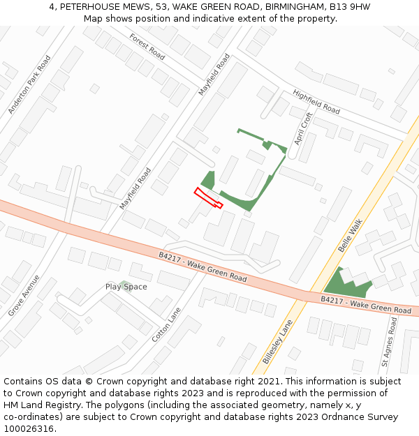 4, PETERHOUSE MEWS, 53, WAKE GREEN ROAD, BIRMINGHAM, B13 9HW: Location map and indicative extent of plot