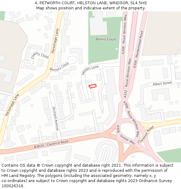 4, PETWORTH COURT, HELSTON LANE, WINDSOR, SL4 5HS: Location map and indicative extent of plot