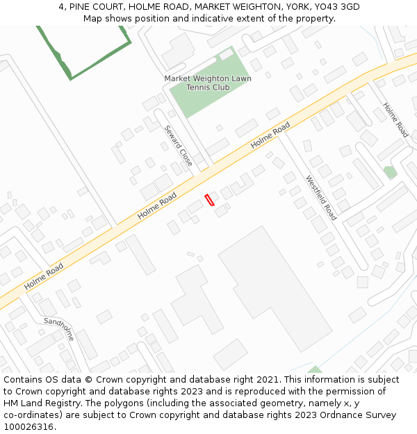 4, PINE COURT, HOLME ROAD, MARKET WEIGHTON, YORK, YO43 3GD: Location map and indicative extent of plot