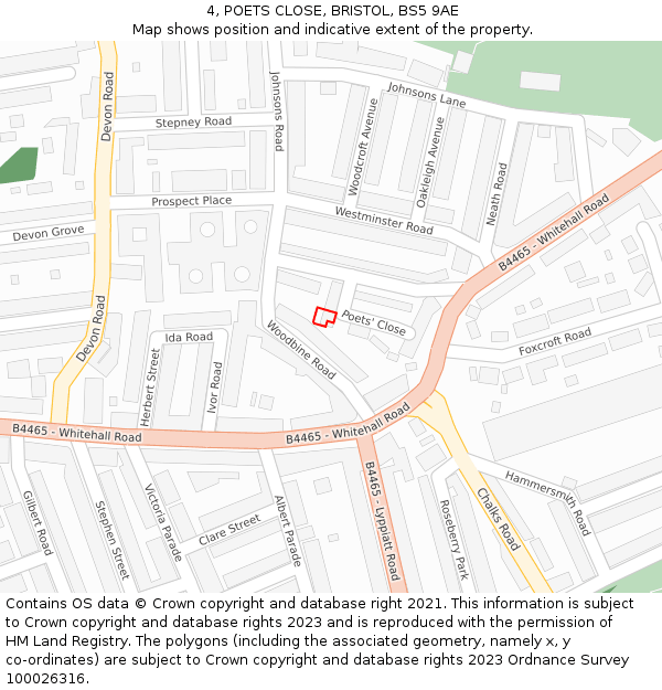 4, POETS CLOSE, BRISTOL, BS5 9AE: Location map and indicative extent of plot