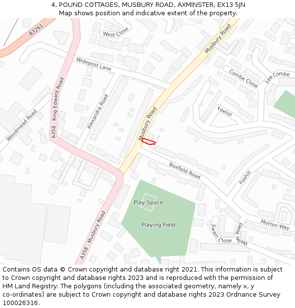 4, POUND COTTAGES, MUSBURY ROAD, AXMINSTER, EX13 5JN: Location map and indicative extent of plot