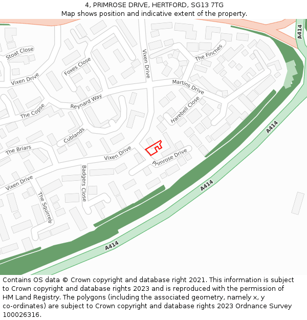 4, PRIMROSE DRIVE, HERTFORD, SG13 7TG: Location map and indicative extent of plot