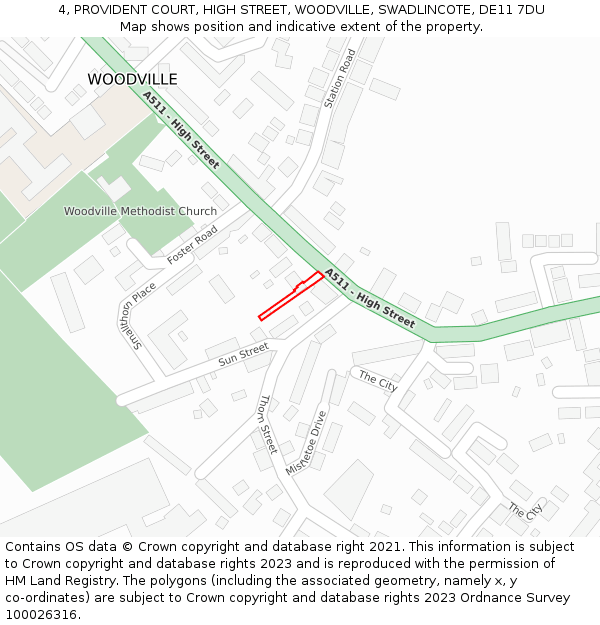 4, PROVIDENT COURT, HIGH STREET, WOODVILLE, SWADLINCOTE, DE11 7DU: Location map and indicative extent of plot
