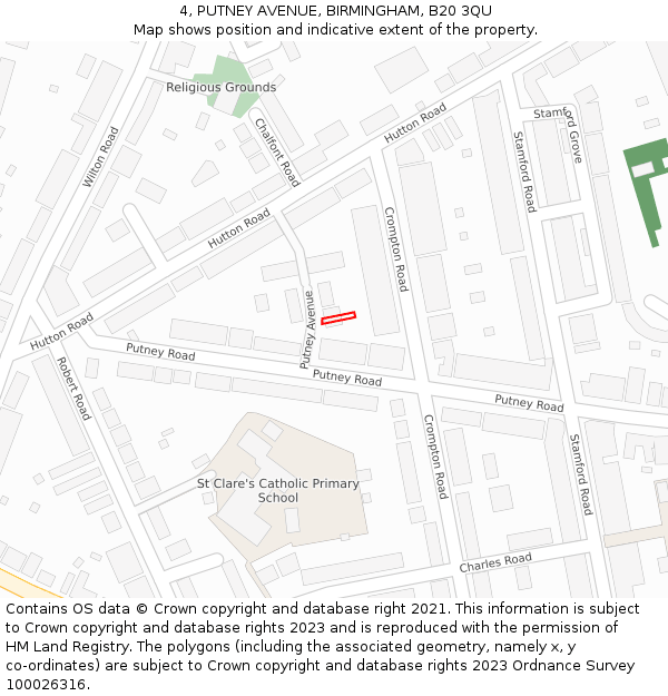 4, PUTNEY AVENUE, BIRMINGHAM, B20 3QU: Location map and indicative extent of plot