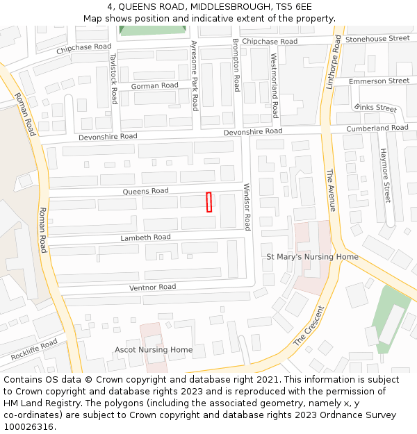 4, QUEENS ROAD, MIDDLESBROUGH, TS5 6EE: Location map and indicative extent of plot