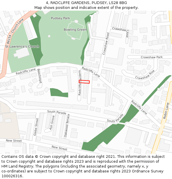 4, RADCLIFFE GARDENS, PUDSEY, LS28 8BG: Location map and indicative extent of plot