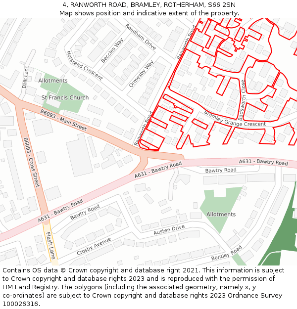 4, RANWORTH ROAD, BRAMLEY, ROTHERHAM, S66 2SN: Location map and indicative extent of plot