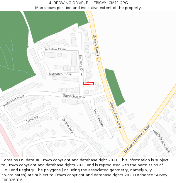 4, REDWING DRIVE, BILLERICAY, CM11 2PG: Location map and indicative extent of plot