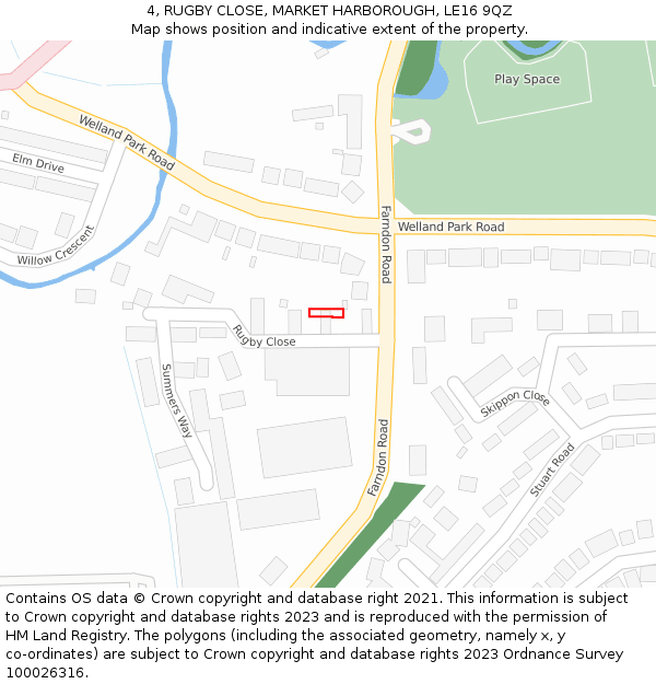 4, RUGBY CLOSE, MARKET HARBOROUGH, LE16 9QZ: Location map and indicative extent of plot