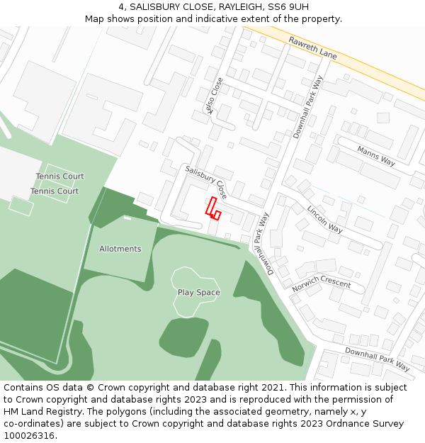 4, SALISBURY CLOSE, RAYLEIGH, SS6 9UH: Location map and indicative extent of plot