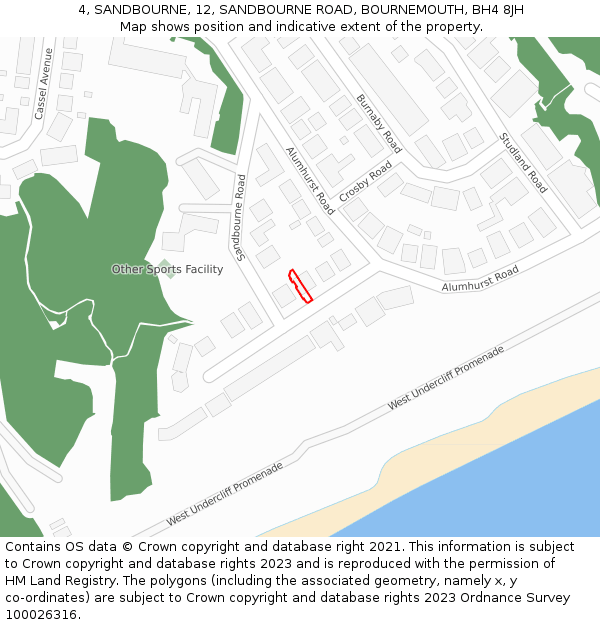 4, SANDBOURNE, 12, SANDBOURNE ROAD, BOURNEMOUTH, BH4 8JH: Location map and indicative extent of plot