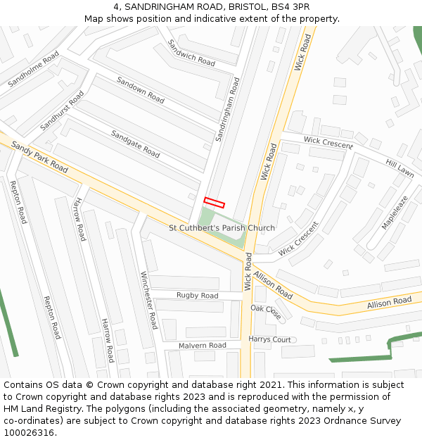 4, SANDRINGHAM ROAD, BRISTOL, BS4 3PR: Location map and indicative extent of plot