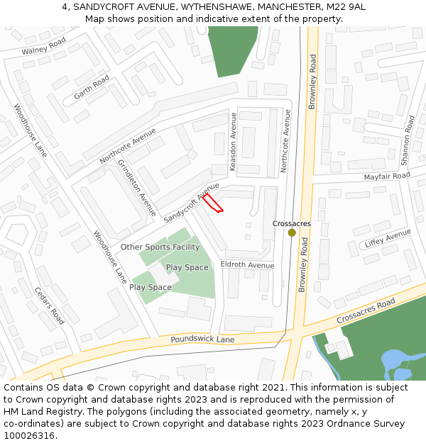 4, SANDYCROFT AVENUE, WYTHENSHAWE, MANCHESTER, M22 9AL: Location map and indicative extent of plot