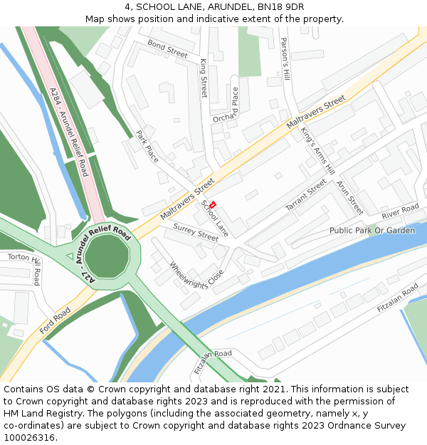 4, SCHOOL LANE, ARUNDEL, BN18 9DR: Location map and indicative extent of plot