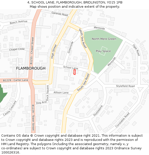 4, SCHOOL LANE, FLAMBOROUGH, BRIDLINGTON, YO15 1PB: Location map and indicative extent of plot