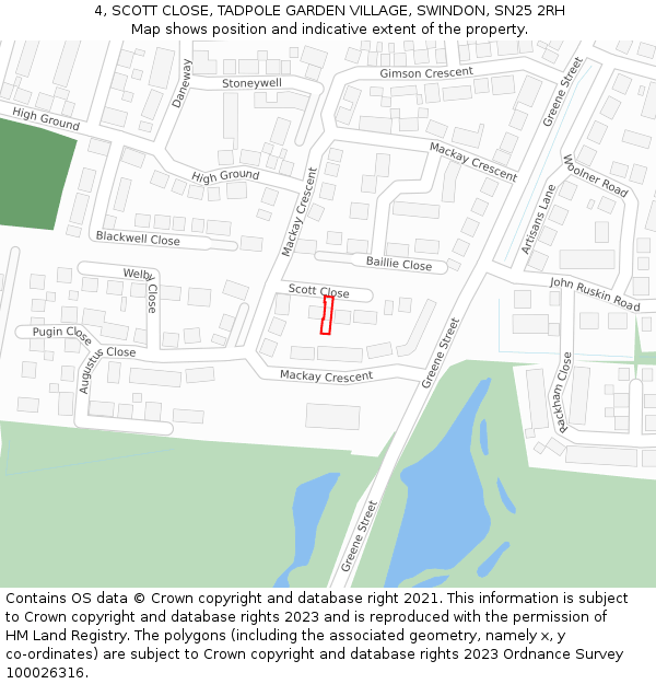 4, SCOTT CLOSE, TADPOLE GARDEN VILLAGE, SWINDON, SN25 2RH: Location map and indicative extent of plot