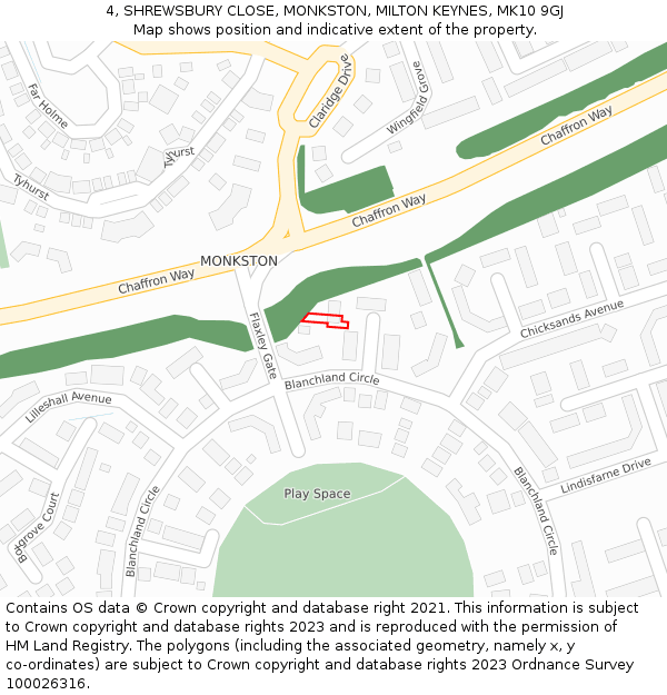 4, SHREWSBURY CLOSE, MONKSTON, MILTON KEYNES, MK10 9GJ: Location map and indicative extent of plot