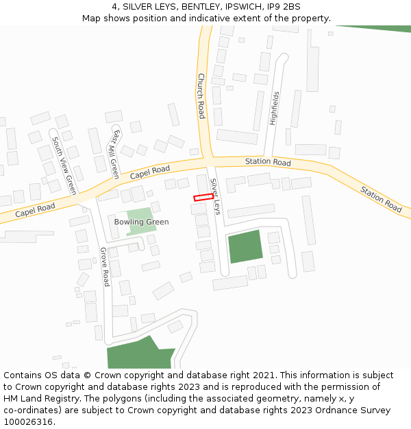 4, SILVER LEYS, BENTLEY, IPSWICH, IP9 2BS: Location map and indicative extent of plot