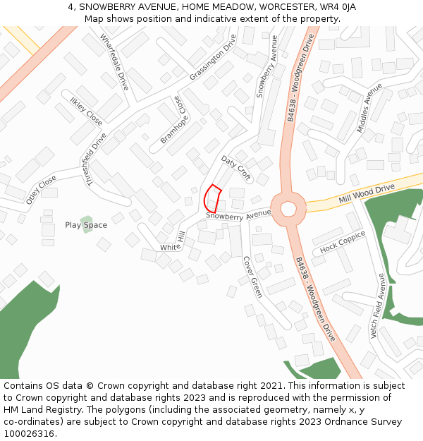 4, SNOWBERRY AVENUE, HOME MEADOW, WORCESTER, WR4 0JA: Location map and indicative extent of plot