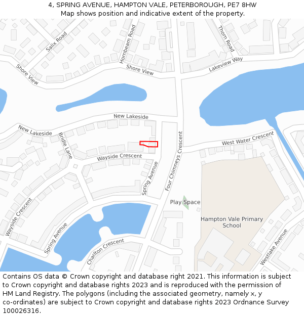 4, SPRING AVENUE, HAMPTON VALE, PETERBOROUGH, PE7 8HW: Location map and indicative extent of plot