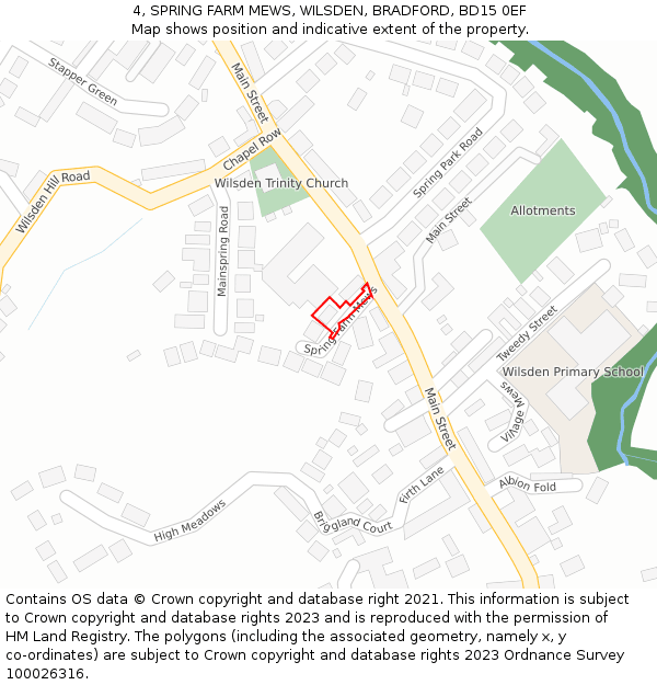 4, SPRING FARM MEWS, WILSDEN, BRADFORD, BD15 0EF: Location map and indicative extent of plot