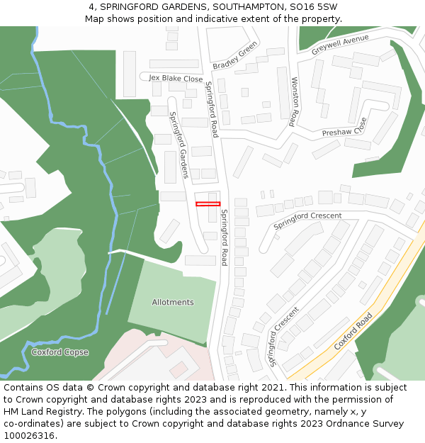 4, SPRINGFORD GARDENS, SOUTHAMPTON, SO16 5SW: Location map and indicative extent of plot