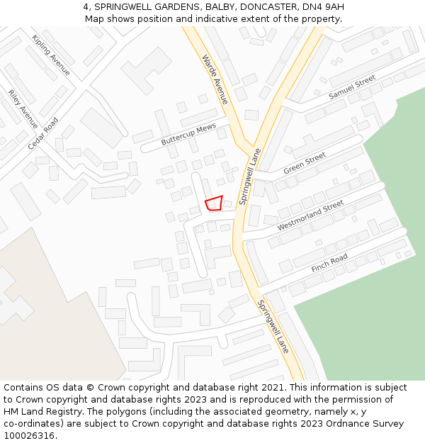 4, SPRINGWELL GARDENS, BALBY, DONCASTER, DN4 9AH: Location map and indicative extent of plot