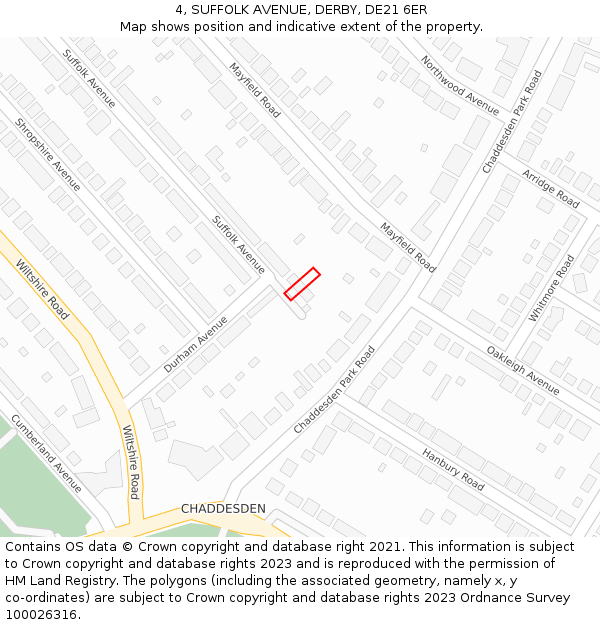 4, SUFFOLK AVENUE, DERBY, DE21 6ER: Location map and indicative extent of plot