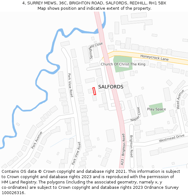 4, SURREY MEWS, 36C, BRIGHTON ROAD, SALFORDS, REDHILL, RH1 5BX: Location map and indicative extent of plot