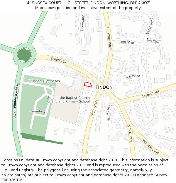 4, SUSSEX COURT, HIGH STREET, FINDON, WORTHING, BN14 0QZ: Location map and indicative extent of plot