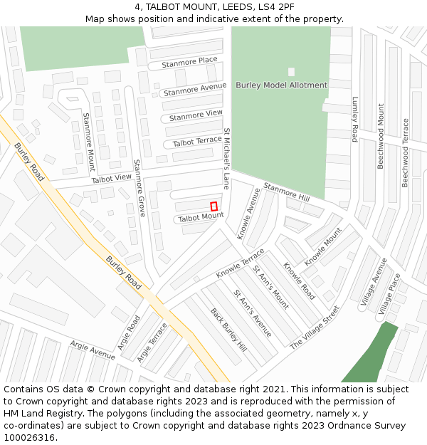 4, TALBOT MOUNT, LEEDS, LS4 2PF: Location map and indicative extent of plot
