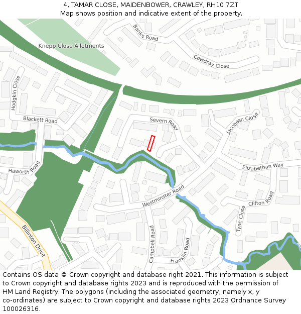 4, TAMAR CLOSE, MAIDENBOWER, CRAWLEY, RH10 7ZT: Location map and indicative extent of plot