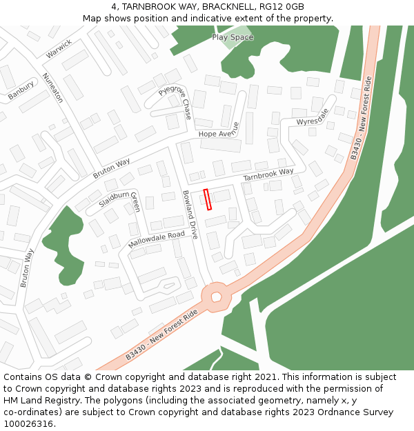 4, TARNBROOK WAY, BRACKNELL, RG12 0GB: Location map and indicative extent of plot