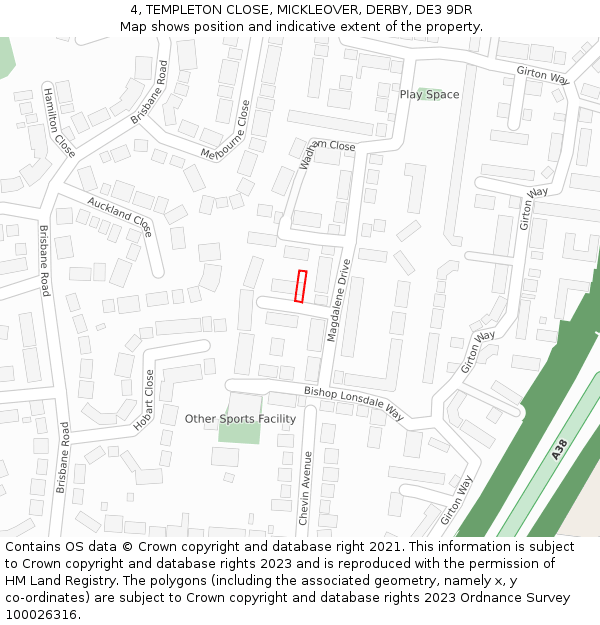 4, TEMPLETON CLOSE, MICKLEOVER, DERBY, DE3 9DR: Location map and indicative extent of plot