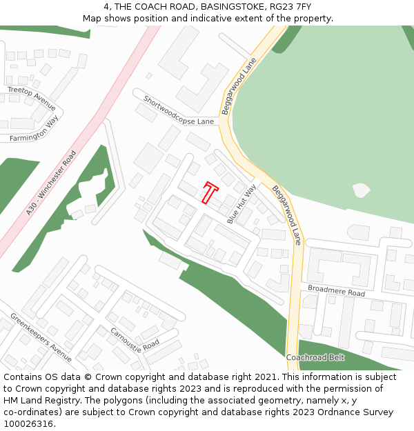 4, THE COACH ROAD, BASINGSTOKE, RG23 7FY: Location map and indicative extent of plot