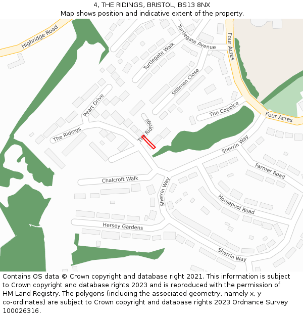 4, THE RIDINGS, BRISTOL, BS13 8NX: Location map and indicative extent of plot