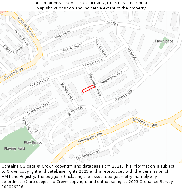 4, TREMEARNE ROAD, PORTHLEVEN, HELSTON, TR13 9BN: Location map and indicative extent of plot