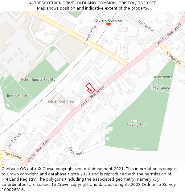 4, TRESCOTHICK DRIVE, OLDLAND COMMON, BRISTOL, BS30 9TB: Location map and indicative extent of plot