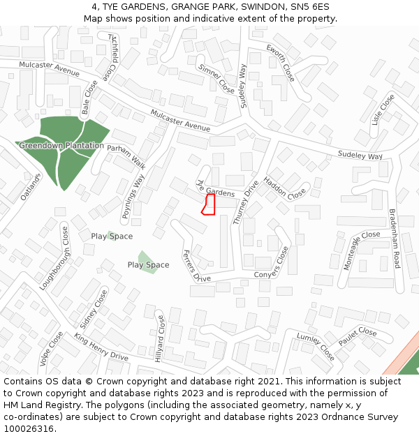 4, TYE GARDENS, GRANGE PARK, SWINDON, SN5 6ES: Location map and indicative extent of plot