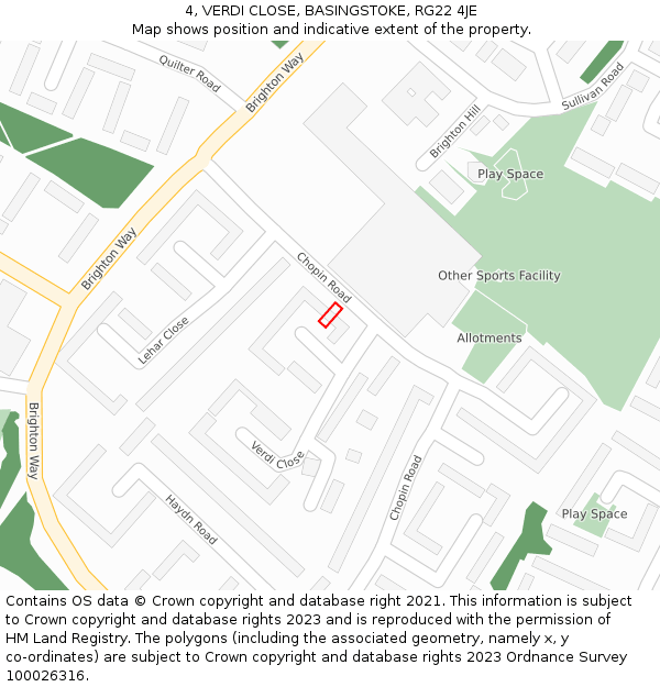 4, VERDI CLOSE, BASINGSTOKE, RG22 4JE: Location map and indicative extent of plot