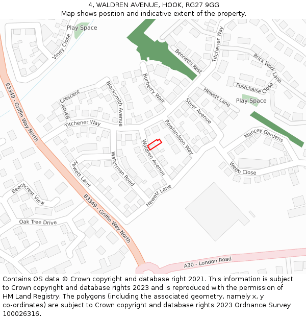 4, WALDREN AVENUE, HOOK, RG27 9GG: Location map and indicative extent of plot