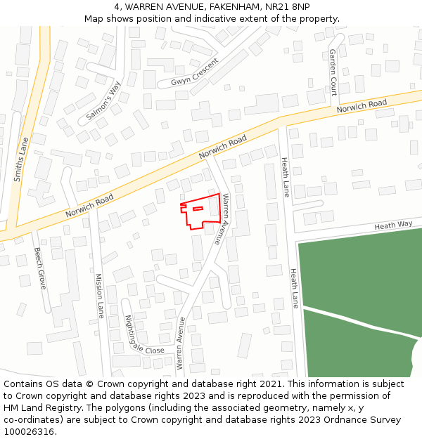 4, WARREN AVENUE, FAKENHAM, NR21 8NP: Location map and indicative extent of plot