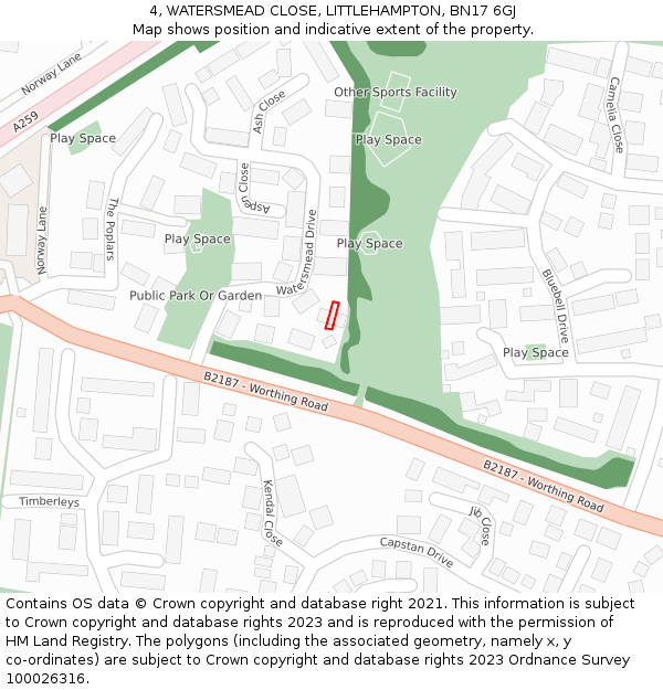 4, WATERSMEAD CLOSE, LITTLEHAMPTON, BN17 6GJ: Location map and indicative extent of plot