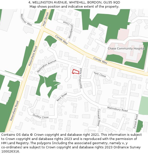4, WELLINGTON AVENUE, WHITEHILL, BORDON, GU35 9QD: Location map and indicative extent of plot