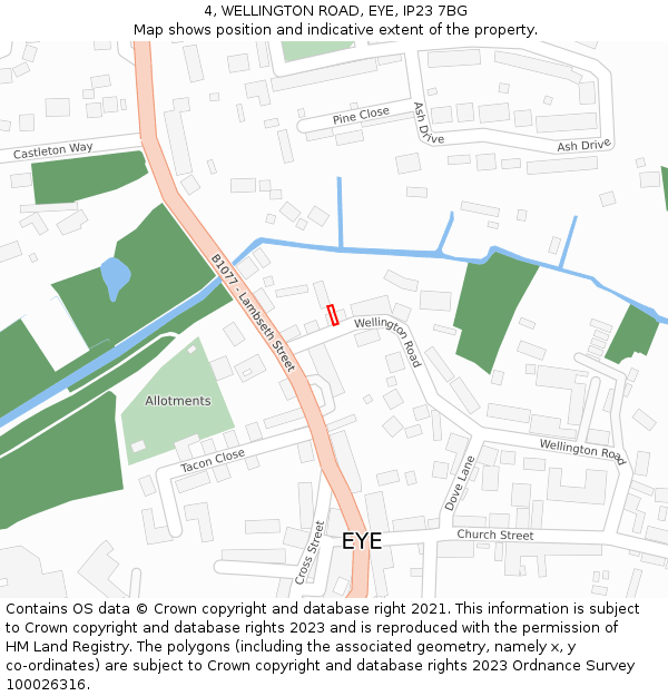 4, WELLINGTON ROAD, EYE, IP23 7BG: Location map and indicative extent of plot