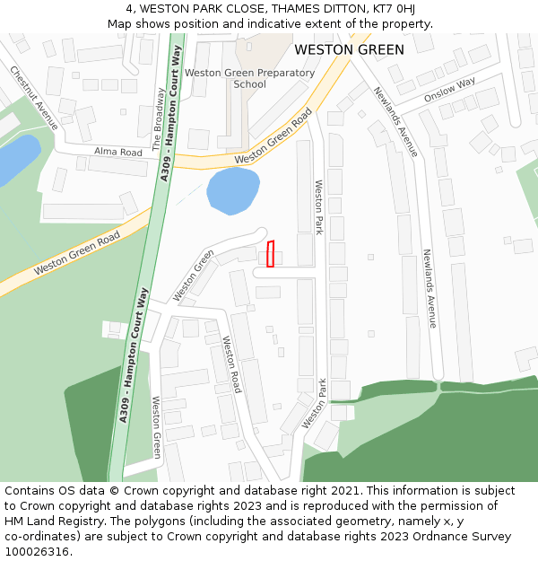 4, WESTON PARK CLOSE, THAMES DITTON, KT7 0HJ: Location map and indicative extent of plot