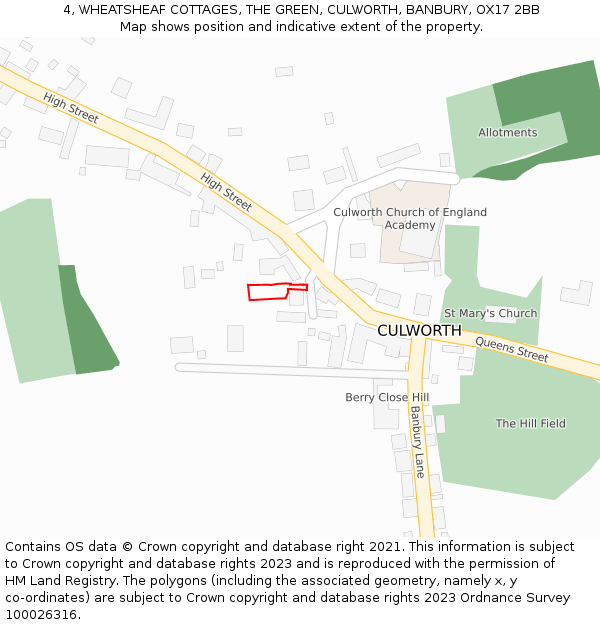 4, WHEATSHEAF COTTAGES, THE GREEN, CULWORTH, BANBURY, OX17 2BB: Location map and indicative extent of plot