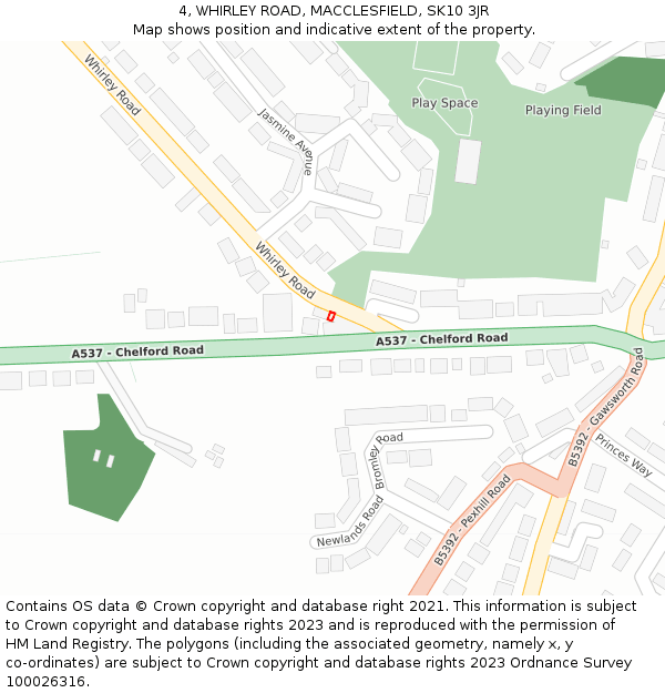 4, WHIRLEY ROAD, MACCLESFIELD, SK10 3JR: Location map and indicative extent of plot